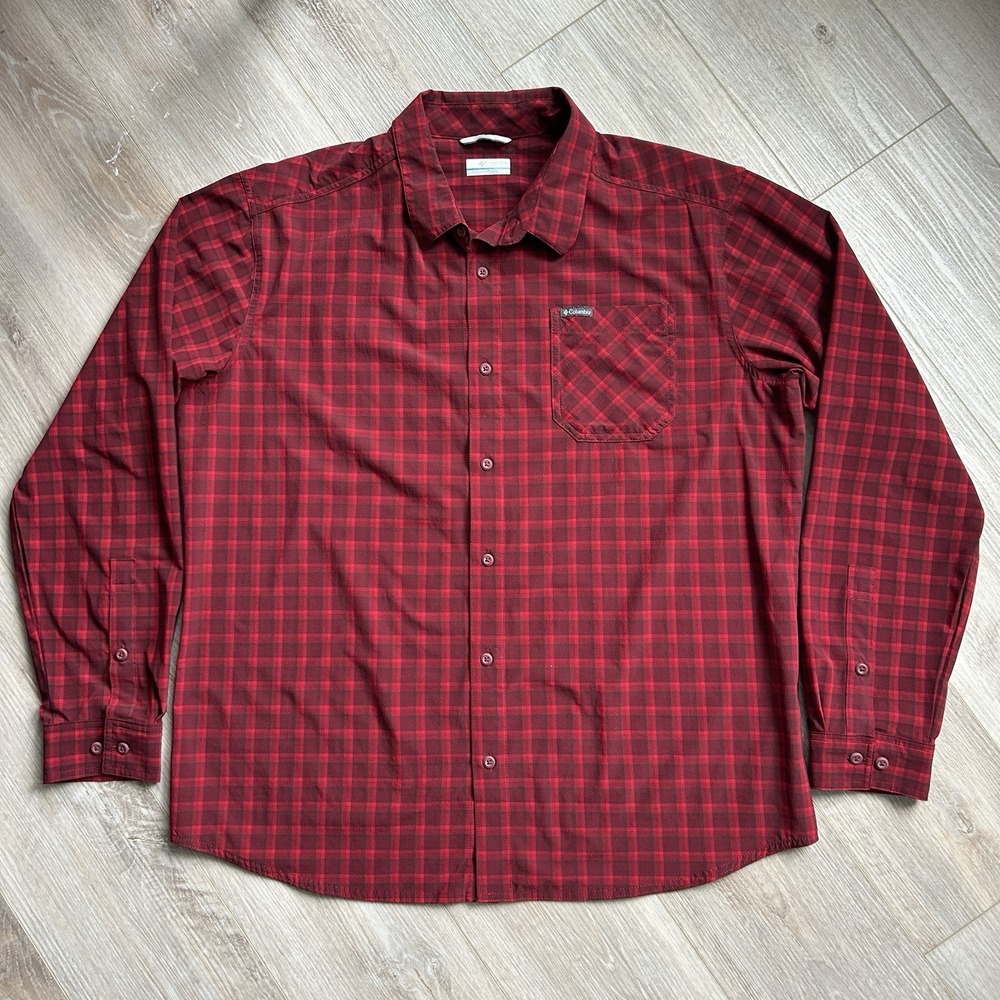 Columbia Men's‎ Red Madras Long Sleeve Button Up Performance Fishing Outdoors